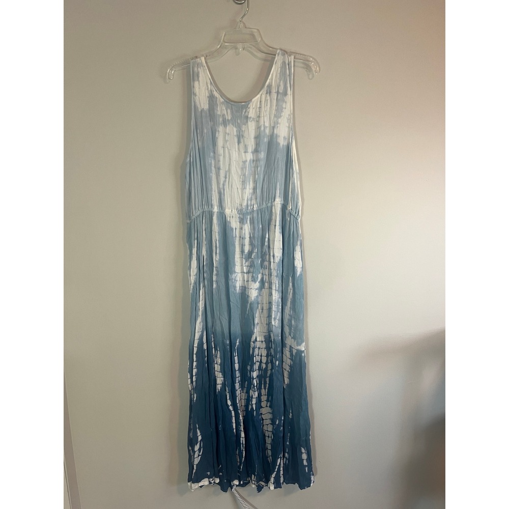 Kaktus Blue White Tie Dye Crinkle Rayon Sleeveless Smocked Back Maxi Dress Large
